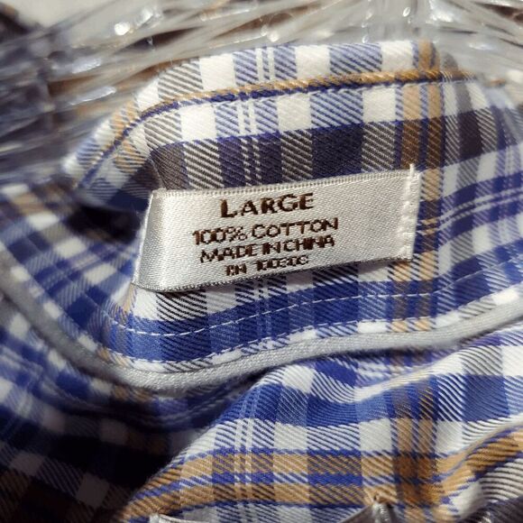 Peter Millar Shirt Mens Large Tan Blue Plaid Lightweight Collared Button Down - Picture 2 of 10